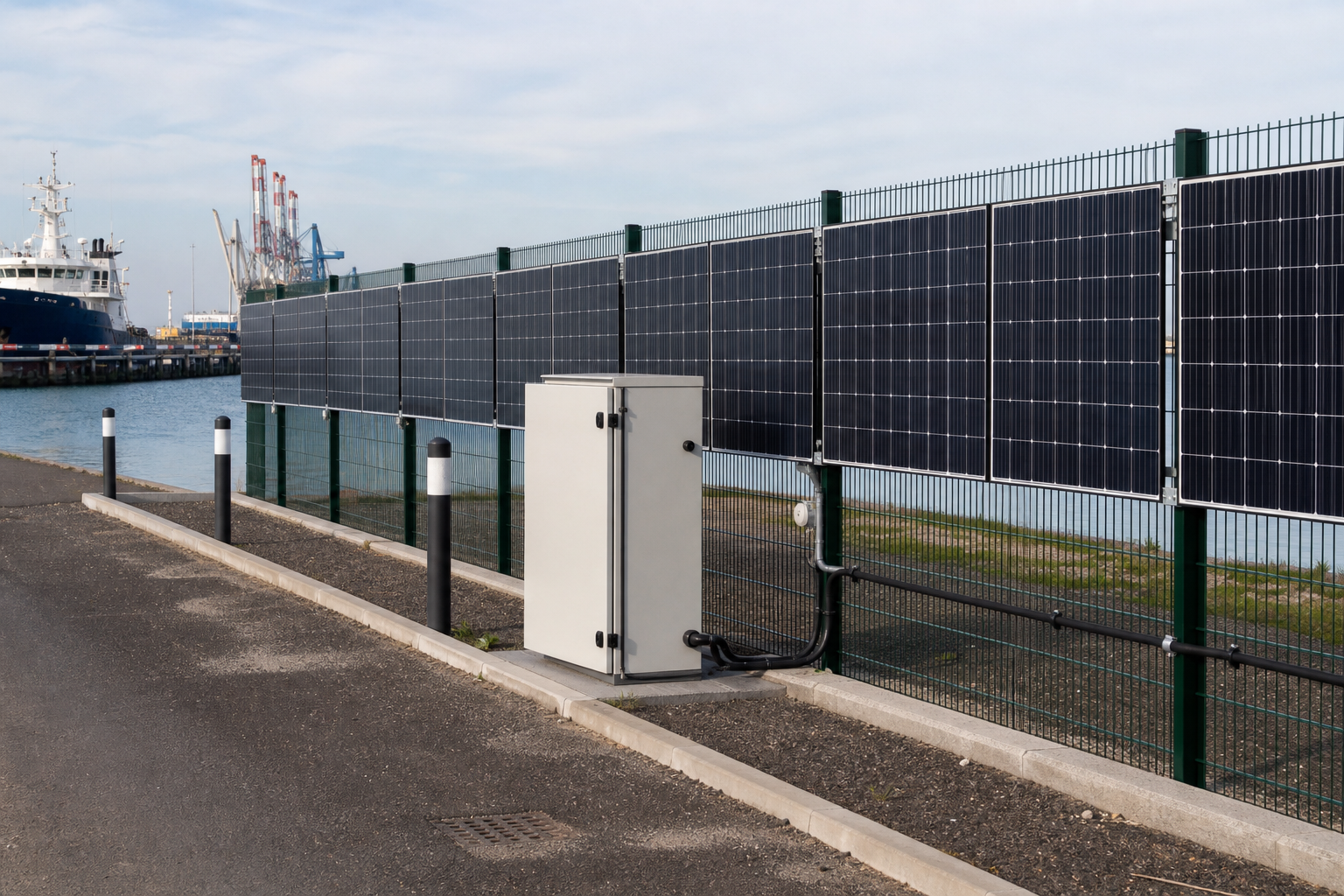 Fence-integrated solar PV system in a port environment